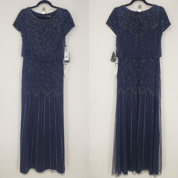 Adrianna Papell Beaded Evening Dress 6 Formal Long Maxi Short Sleeve Navy Blue - Picture 1 of 12
